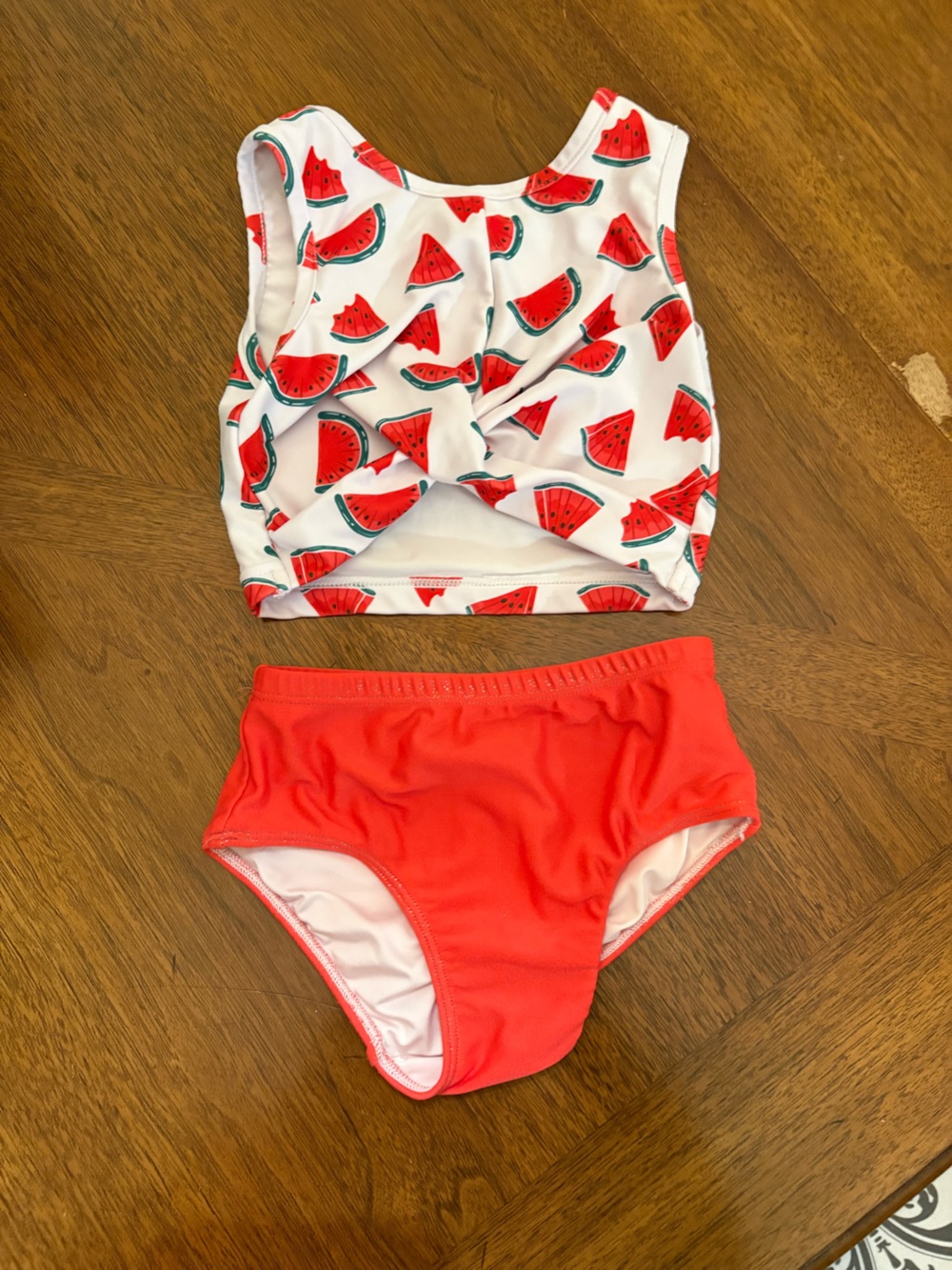 Velvet Girls' White Watermelon Print Crop Top & Coral-Red Bottoms Swim Set